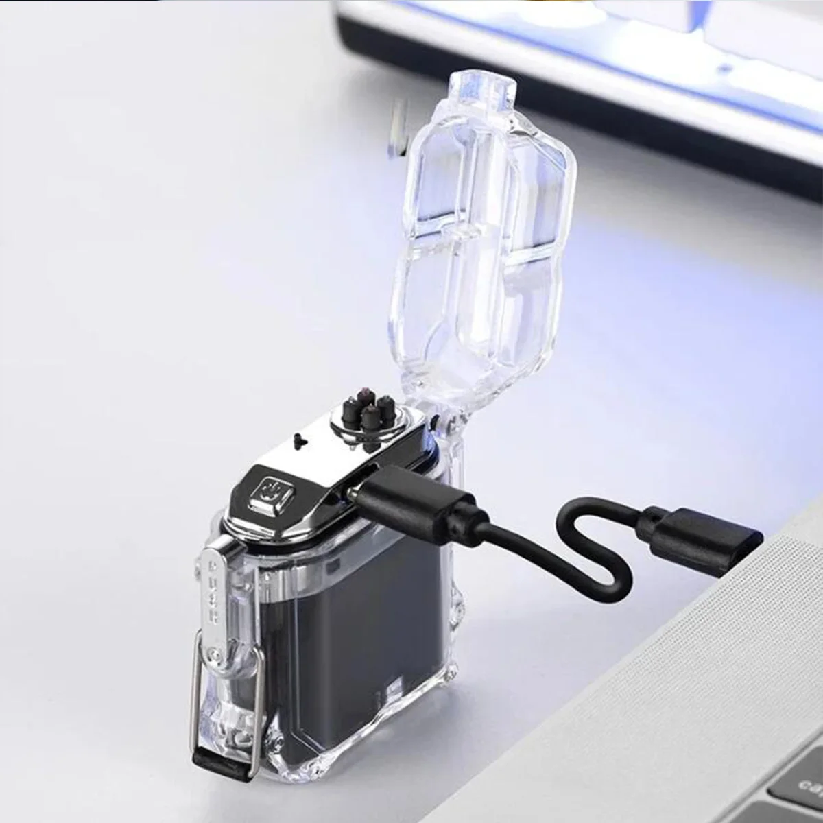 1PC  Outdoor waterproof lighting electric lighter -transparent curved design withrechargeable power display screen