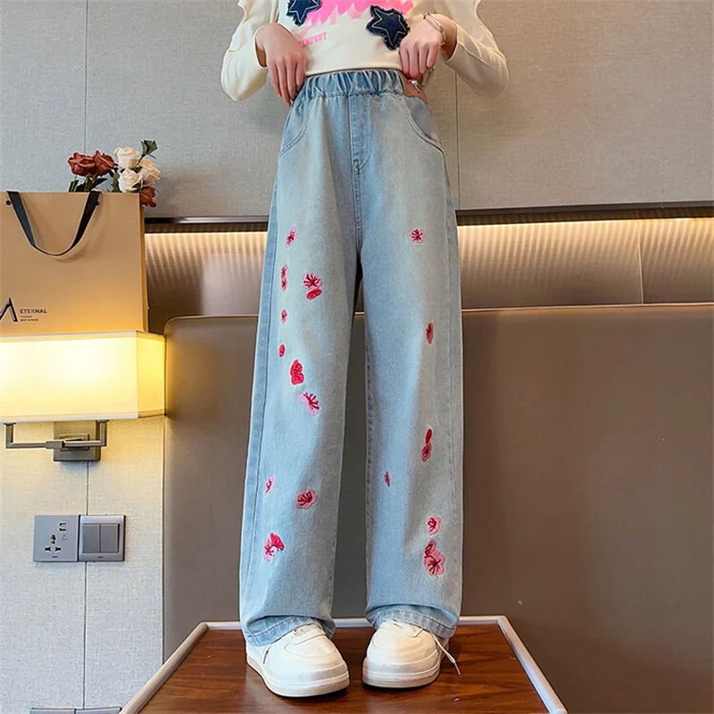 Girls jeans 2024 new Mid-sized children ten mile peach embroidery foreign style 6-15 years old children's clothing teenagers