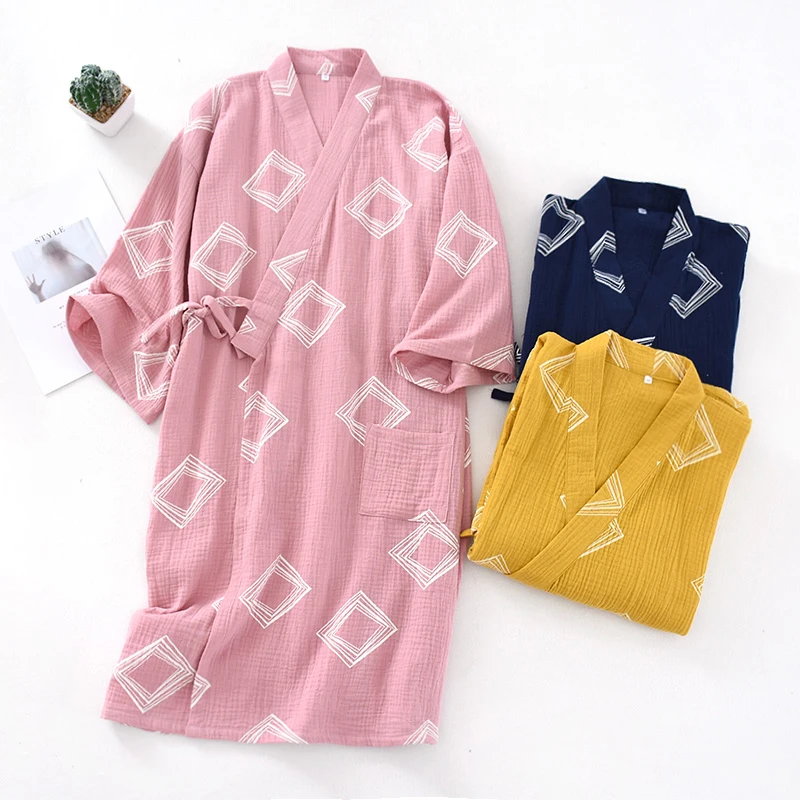 Pure Cotton Couples Washed Crepe Kimono Nightgown Spring And Autumn lace-up women's Long Nightdress Yukata Sweat Suit