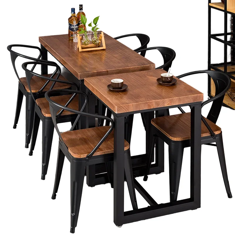 Modern Industrial Style 2-Seat 4-Seat Restaurant Furniture Set Wooden Table with Metal Leg Chairs for Dining Cafe Coffee Shop