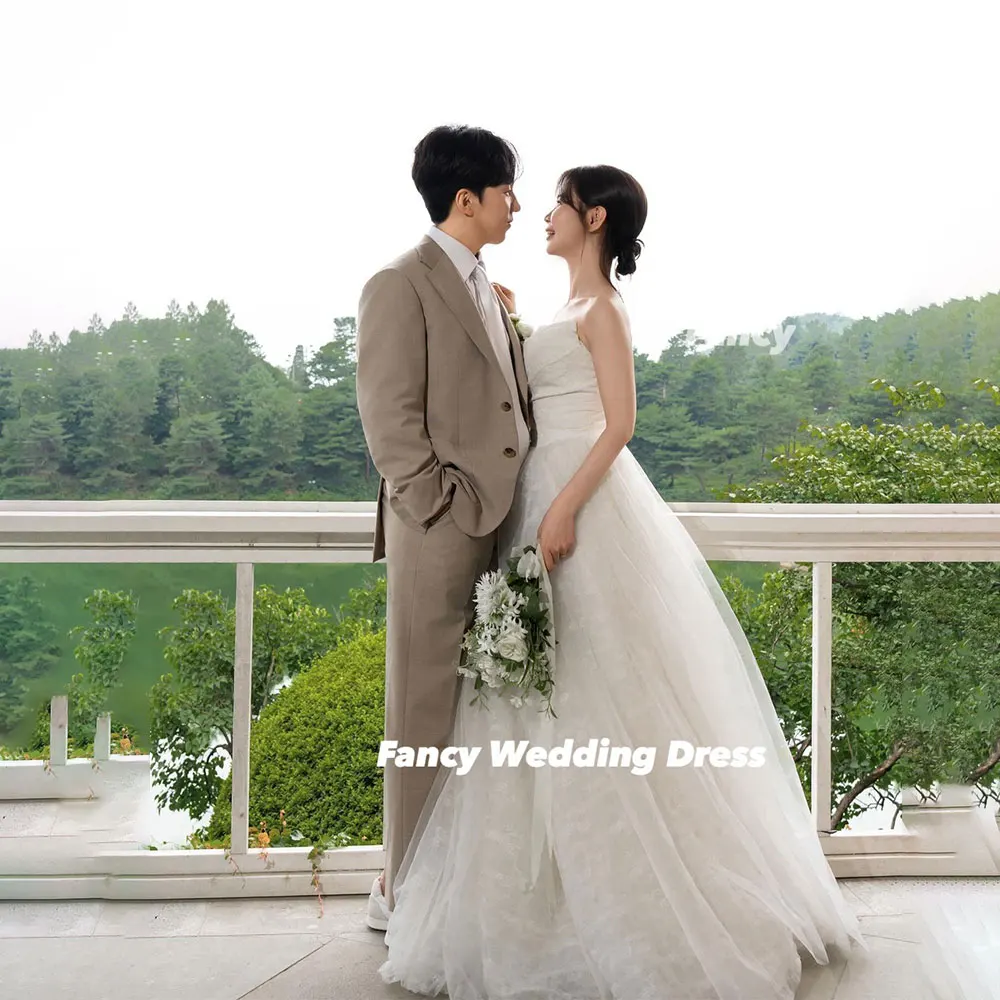 Fancy Simple Strapless Korea Wedding Party Engagement Dresses Photography A Line Soft Tulle Evening Dress Corset Customized