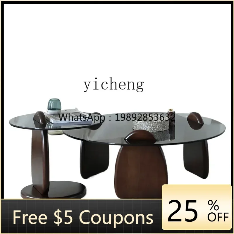 Minimalist Retro Style Three-Water Tea Table Silent Cream Style Living Room Solid Wood round Glass Tea Table