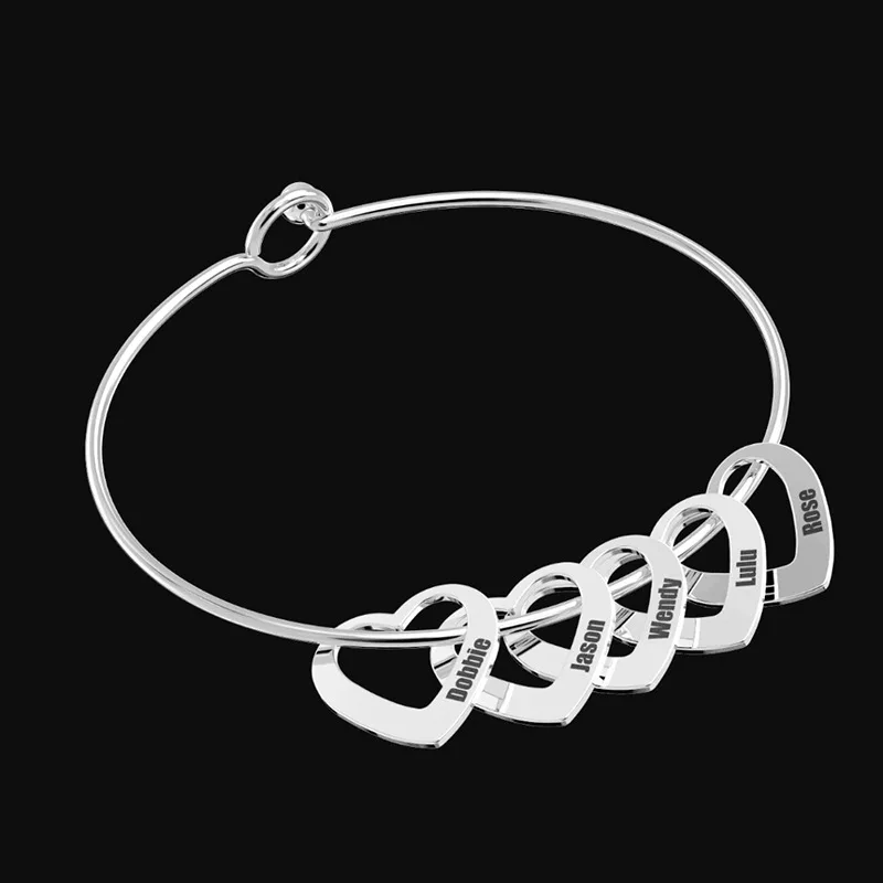 Custom Family Names Heart Beads Bangle Bracelet Personalized Names Heart Bracelet For Women Mom Gril Mother's Day Gift