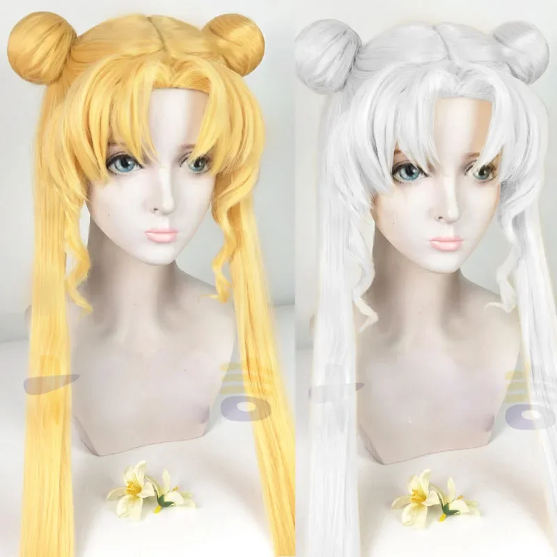 Serena Tsukino Usagi Cosplay Wig Annie 130cm Blond Silver Double Long Ponytails Heat Resistant Synthetic Hair Wigs Wig Cap