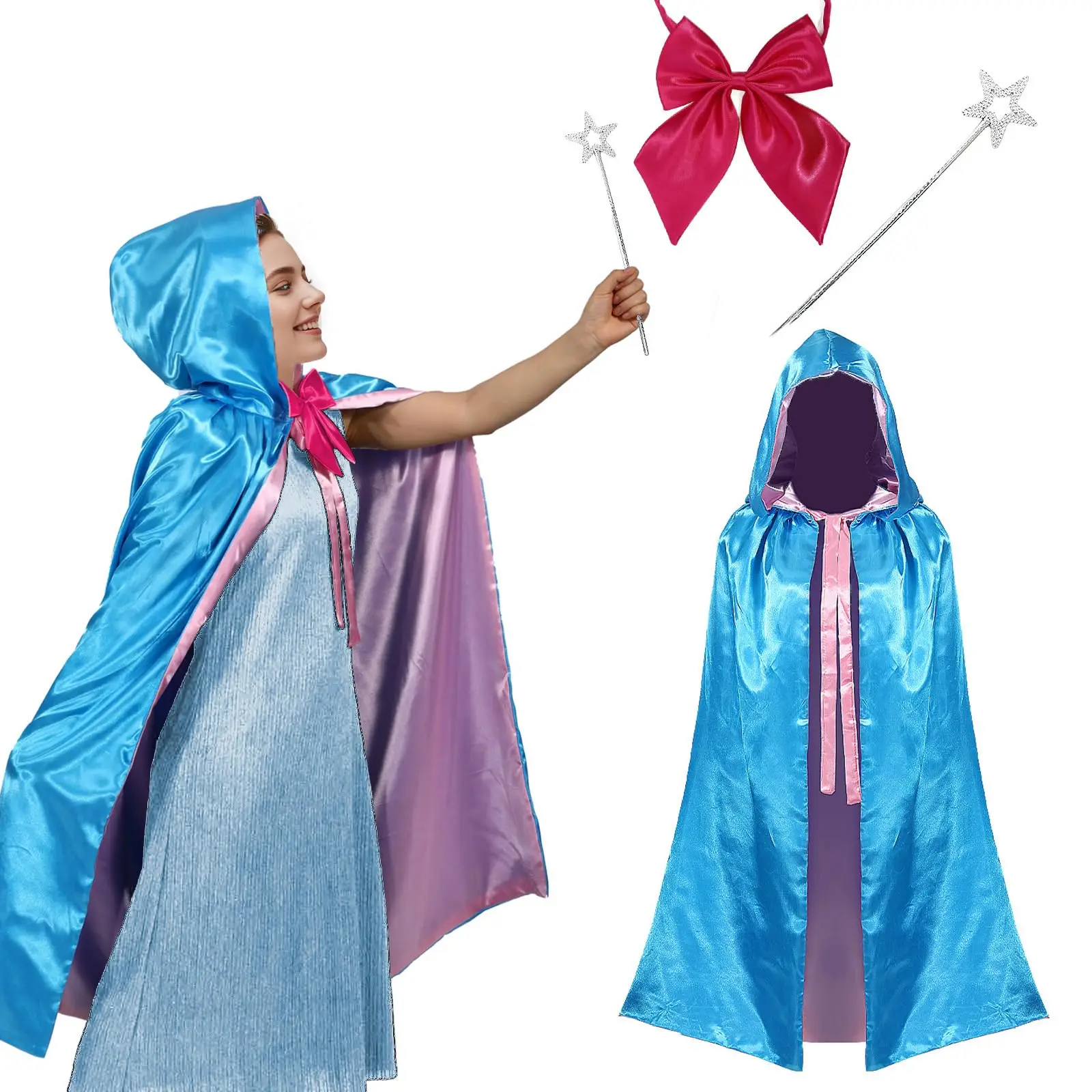 Disfraz de hada madrina para mujer, capa azul con capucha y pajarita rosa, palo de estrella, disfraz de princesa y Reina para Halloween