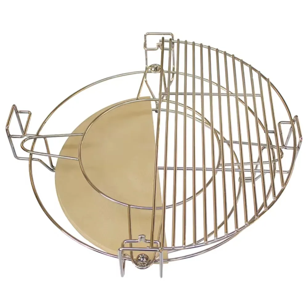 Split cooking system outdoor living barbecue grill with ceramic guide plate crescent shape