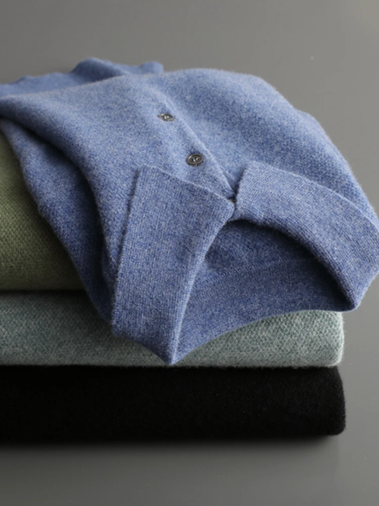 

Men's Sweater Pullovers 100% Merino Wool Knitwear Polo Collar Shirt Autumn Winter Buttons Cashmere Solid Office Casual Clothing