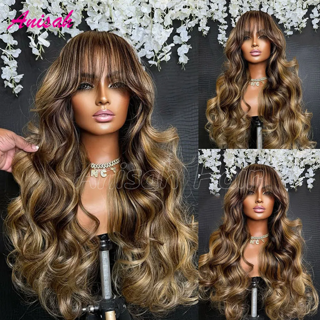 

Highlight Wig Human Hair Body Wave Colored 13x4 Lace Frontal Wigs P4/27 Ombre Honey Blonde Lace Front Human Hair Wigs with Bangs