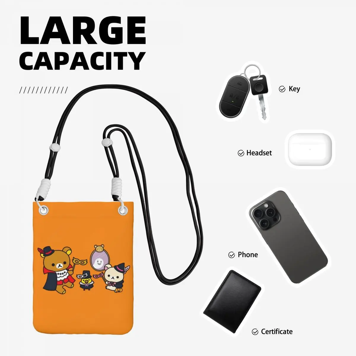 Custom Fashion Rilakkuma Mobile Phone Bag for Running Women Men Cute Small Crossbody Purse Smart Phone Wallet With Strap