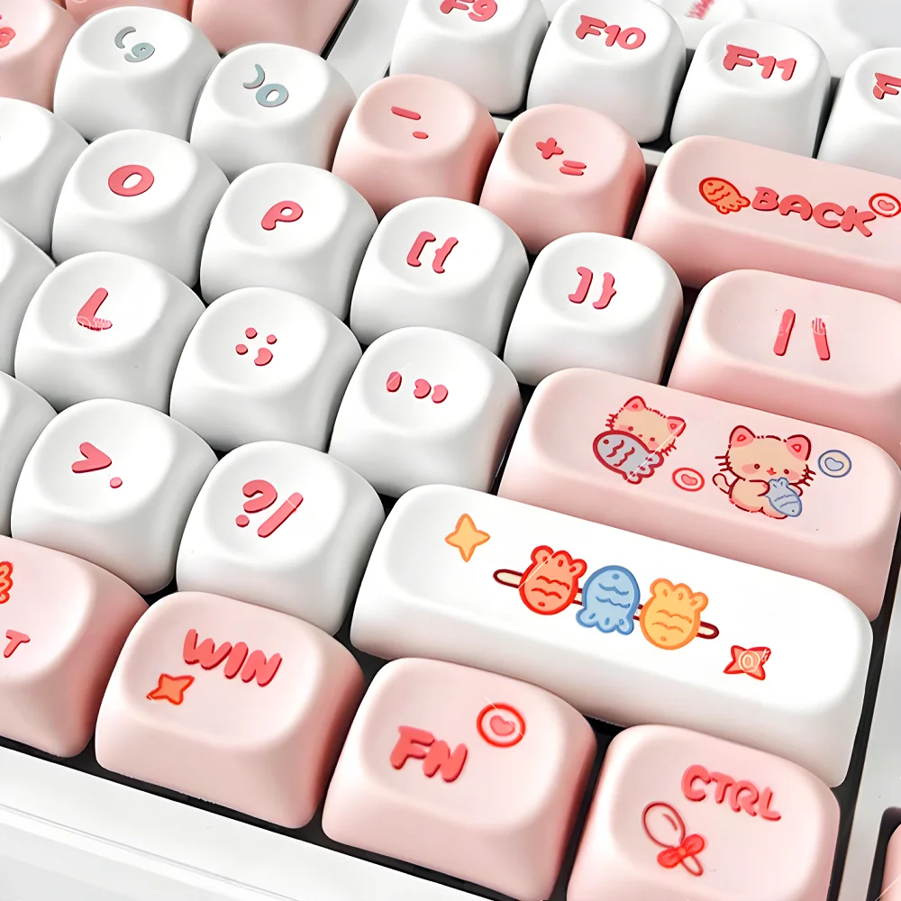 120 Key Light Pink Key Cap MOA PBT Kitten Eat Fish Cute Girl Key Cap for MX Axis Mechanical Keyboard