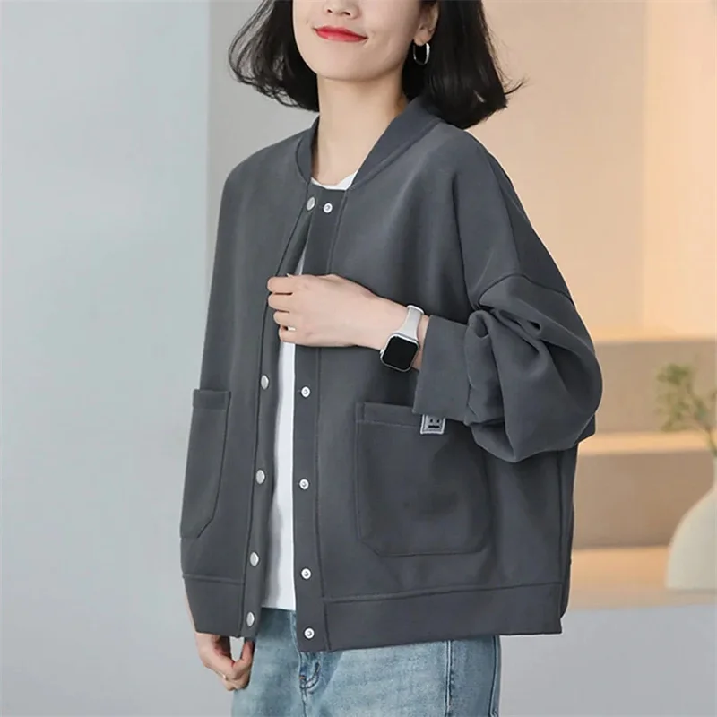 Korean Female Baseball Jacket Coat 2024 Women Long Sleeved Sweatershirts Outerwear Spring Autumn Stand Collar Sweatshirt Jacket