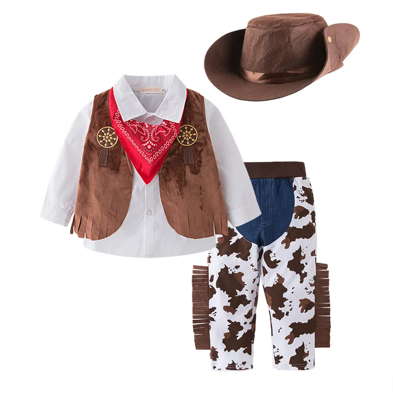 Jungen West Cowboy Kostüm Für Kinder Kinder Cosplay Weste Hut Schal Hosen 4 stücke set Halloween Purim Party Fantasia Kleid up