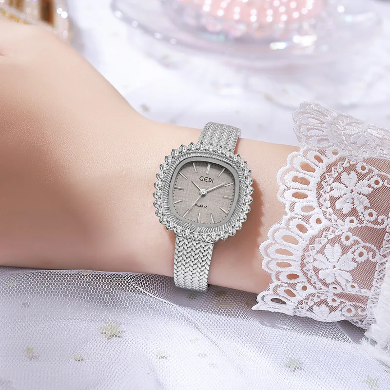 GEDI Women Quartz Watch Luxury Classic Square Diamond Dial Gold Sliver Clock Stainless Steel Orologio Reloj Ladies Wristwatch