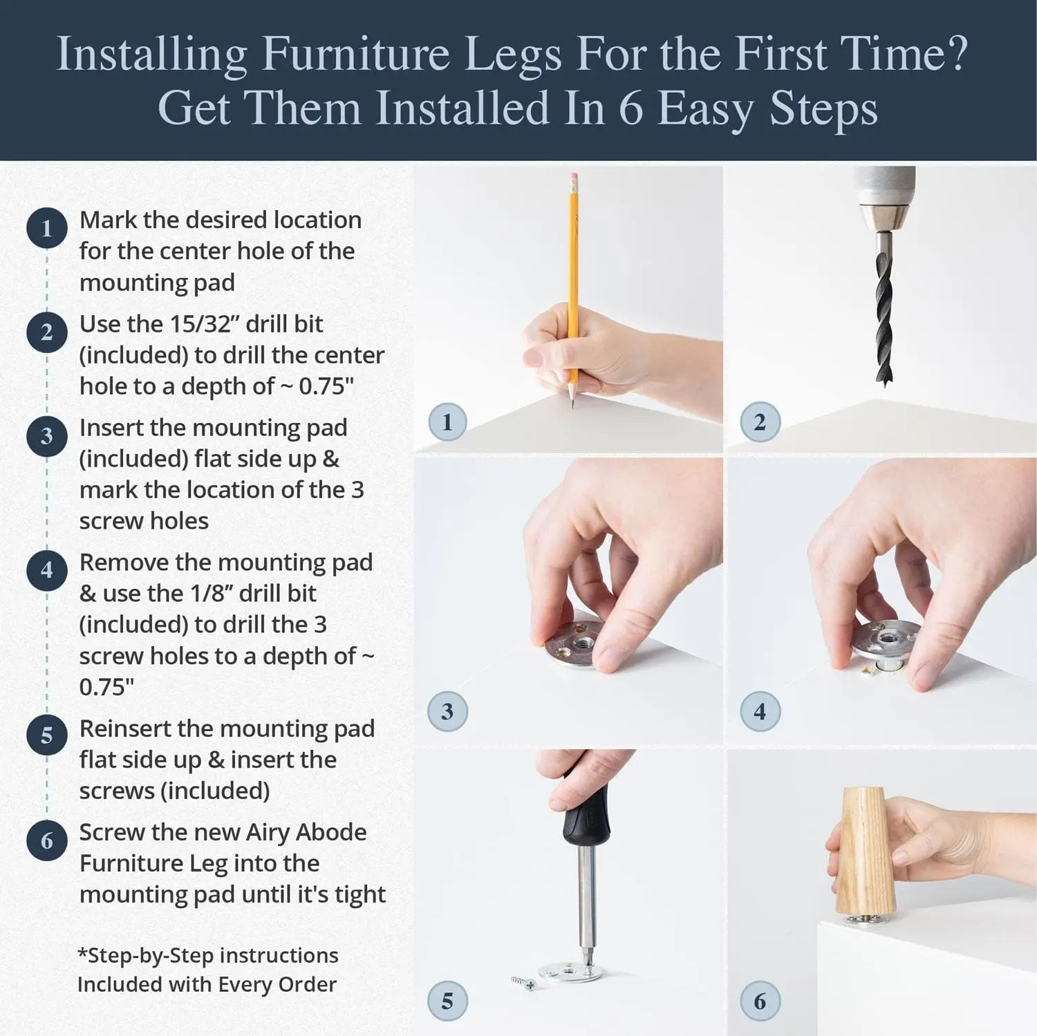 أرجل الأثاث الخشبية الفاخرة (مجموعة التثبيت الكاملة) - اختر حجم ولونك