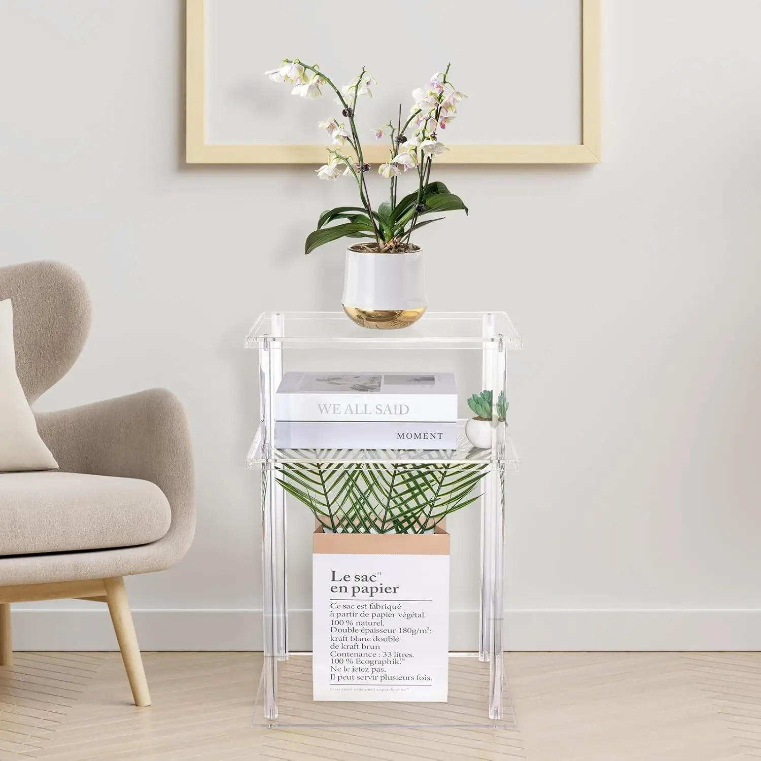 Clear Acrylic Side Table, 3-Tier End Table for Living Room, Small Bedside Table/Nightstand, 15.7