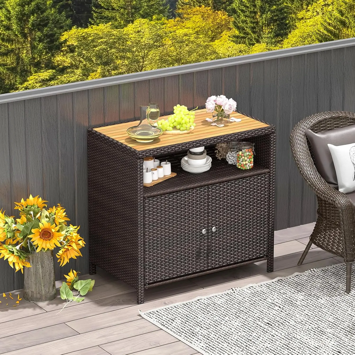 Rattan Storage Cabinet, Outdoor Patiojoy Buffet Cabinet with Acacia Wood Countertop, Open Compartment & Enclosed Cabinet