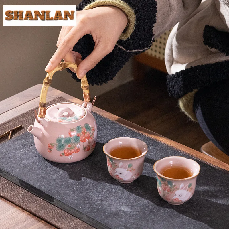 

Ru Kiln Loop-handled Teapot Creative Strawberry Rabbit Teapot Small Tasting Mug 1 Pot 2 Cups Set Retro Tea Pitcher Teaware Gift