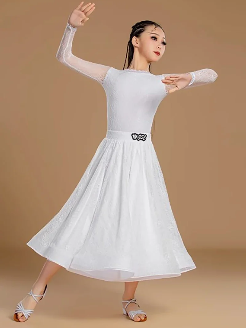 Niños Niñas vals Tango baile de salón vestidos profesionales encaje blanco princesa mono y falda grande traje de baile moderno