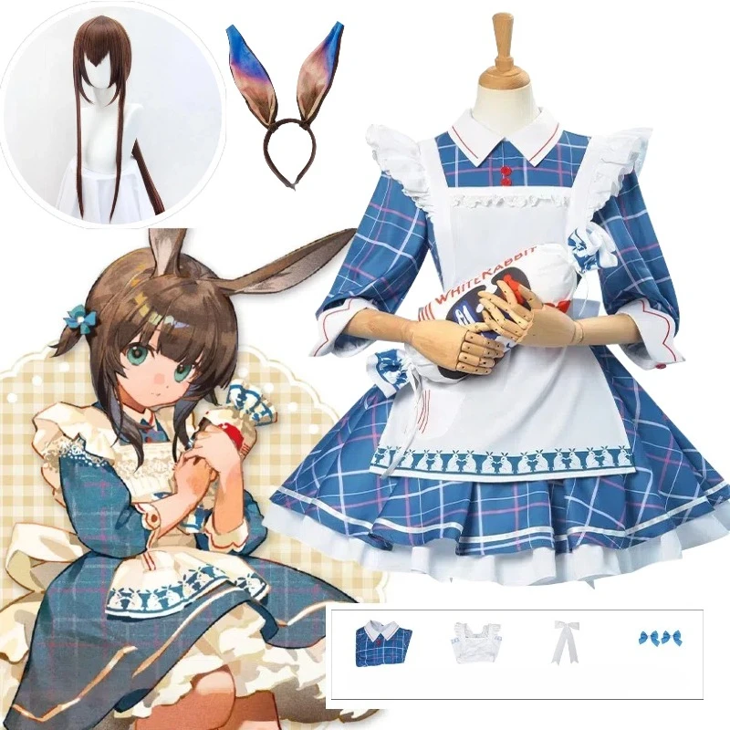 

Amiya Cosplay Game Arknights Costume Linkage White Rabbit Milk Sugar Blue Maid Dress with Accessories Full Set for Women