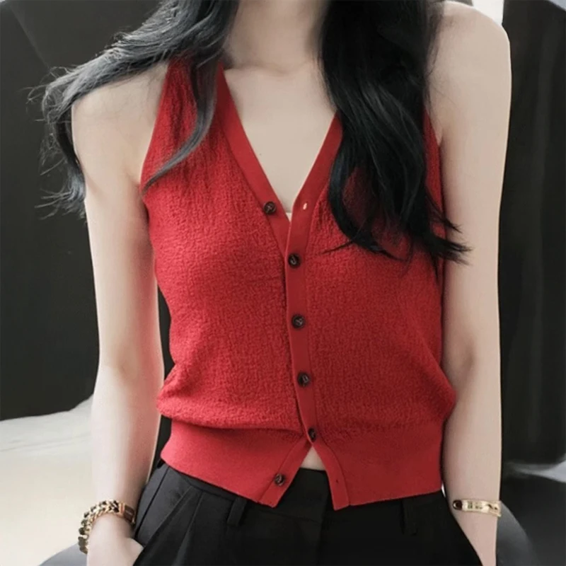 

Sweater Vest for Women Soft Knitted Button Front V-Neck Sleeveless Blouse Woman Casual French Chic Trendy Outfit