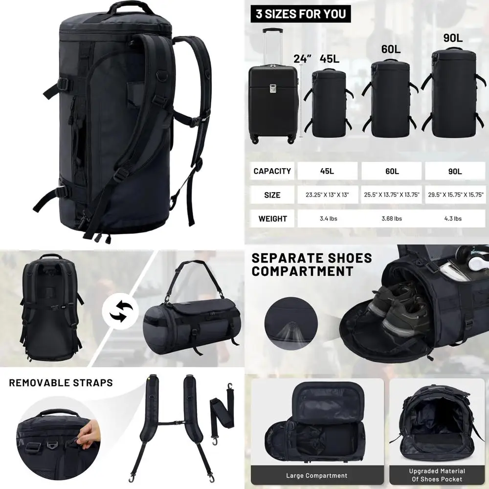 

Large 90L Sports Gym Backpack with Shoe Compartment, Heavy Duty and Water Resistant, Black