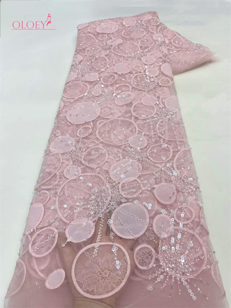 

OLOEY Luxury French Tulle Lace Fabric Luxuey Sequins Beads for Bridal Dress Nigerian Groom High Quality African Wedding