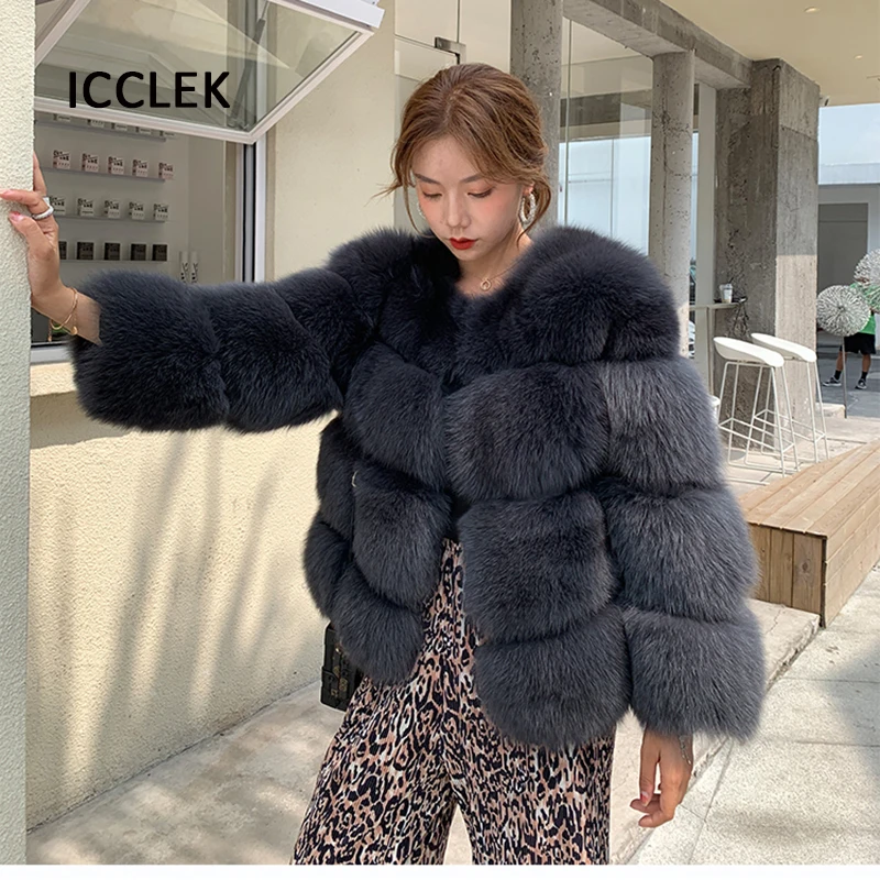 100% Real Fox Fur Coat Winter Women Round Neck Genuine Fur Coat Clothes Thick Warmer Long Sleeves Natural Fur Jackets Outwear