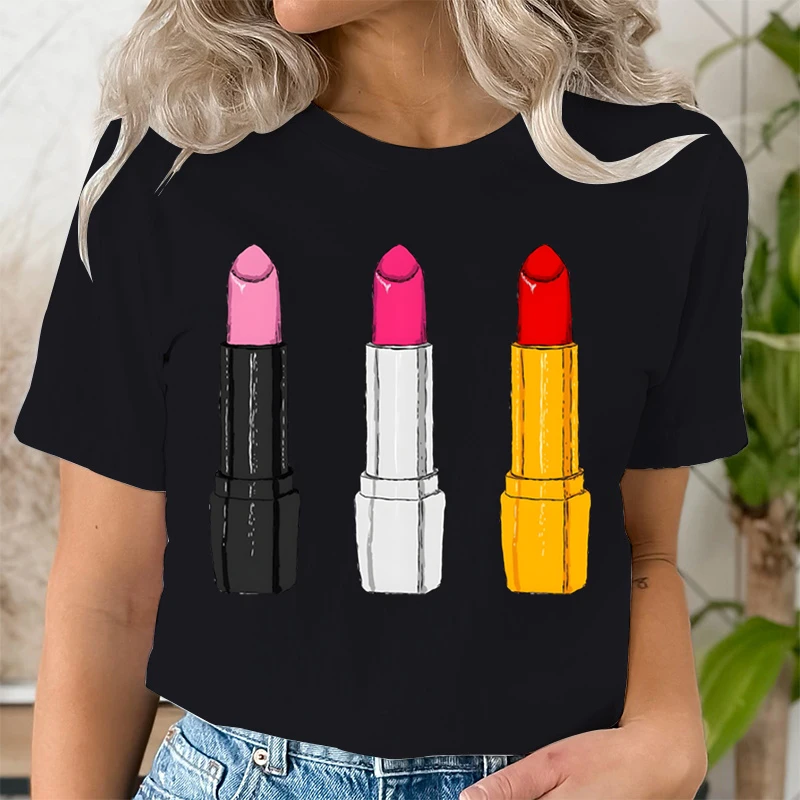 Summer Clothing Lipstick Makeup Fashion Women Tee T-shirts Casual Short Sleeve Regular Female Graphic T Shirt Fashion Clothes