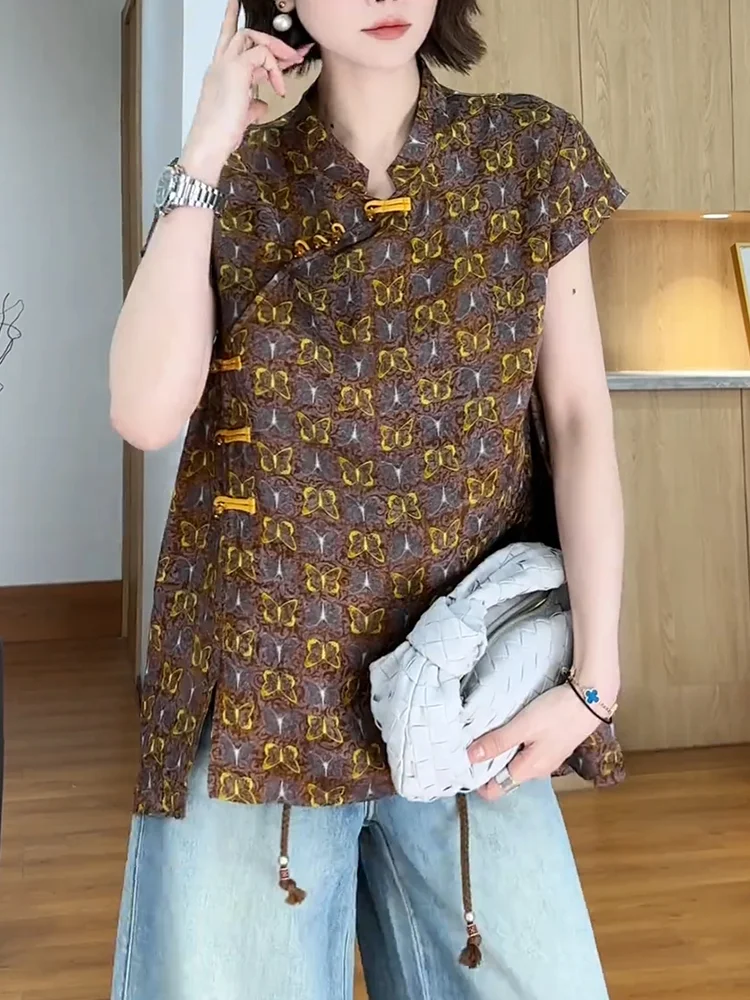 

Женский топ с ретро-принтом, больших размеров, универсальный, стройнящий, летний, новинка, китайский стиль, круглый вырез, футболка