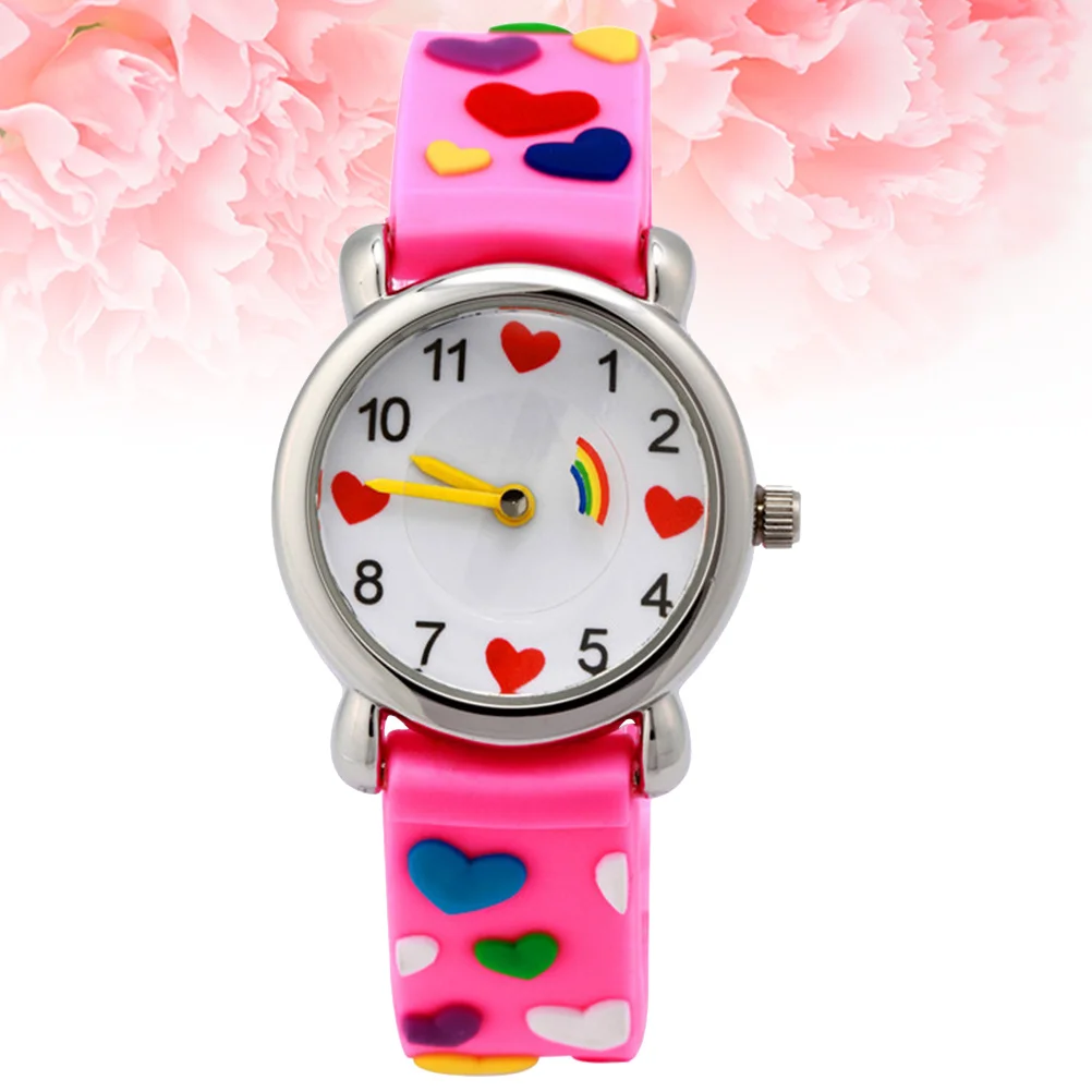 1Pcs -Friendly Watch Pink Cartoon Love Heart Pattern Strap Durable Children Quartz Wristwatch Birthday Gift