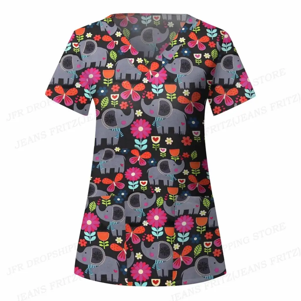 Pharmacist Dentist Veterinary Nurse Uniform Animal V-Neck Pocket Medical Uniforms Cartoon Nursing Scrubs Tops Uniforme enfermera