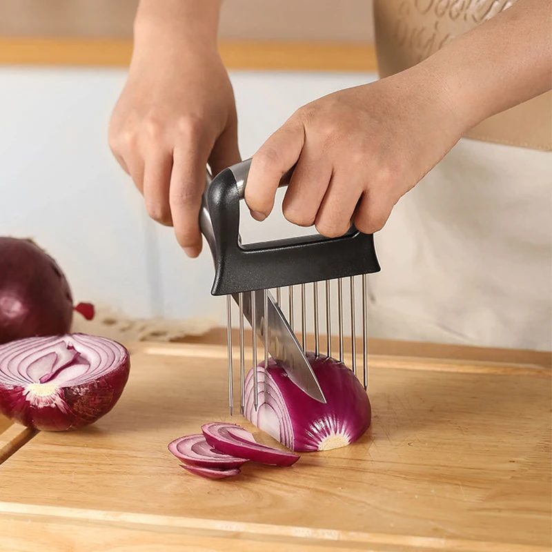 Stainless Steel Onion Cutter Holder Food Slicers Assistant Tomato Onion Slicer Holder Vegetables Cutting Fork Kitchen Gadgets