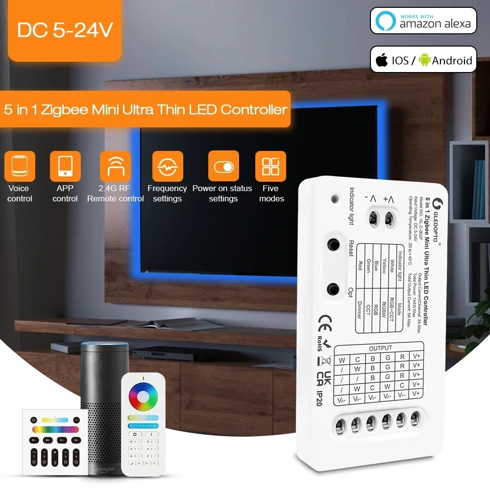 GLEDOPTO DC5-24V Zigbee3.0 Smart 5 in1  LED Strip Controller Works with Zigbee3.0 and various gateways like SmartThings Tuya