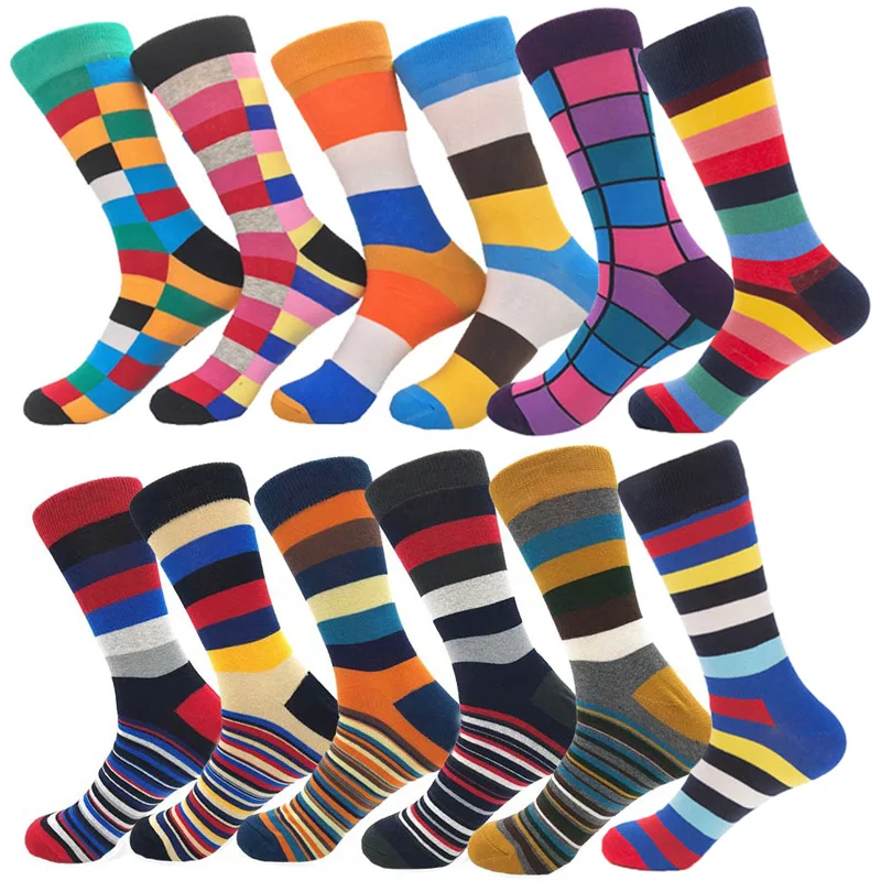 Men Classic Casual Colorful Happy Geometric Grid Style Stripe Business Funny Party Dress Cotton Socks Christmas Gift