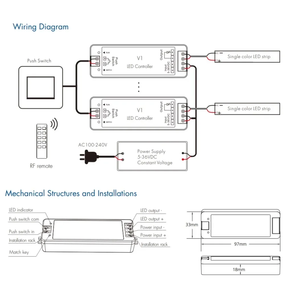 Imagem -02 - Controle Remoto sem Fio para Uma Única Cor Led Strip v1 Led Dimmer 5v 12v 24v 36v 18 Zone 2.4g Rt1 Rt6 Rt8 r1 r6 R11