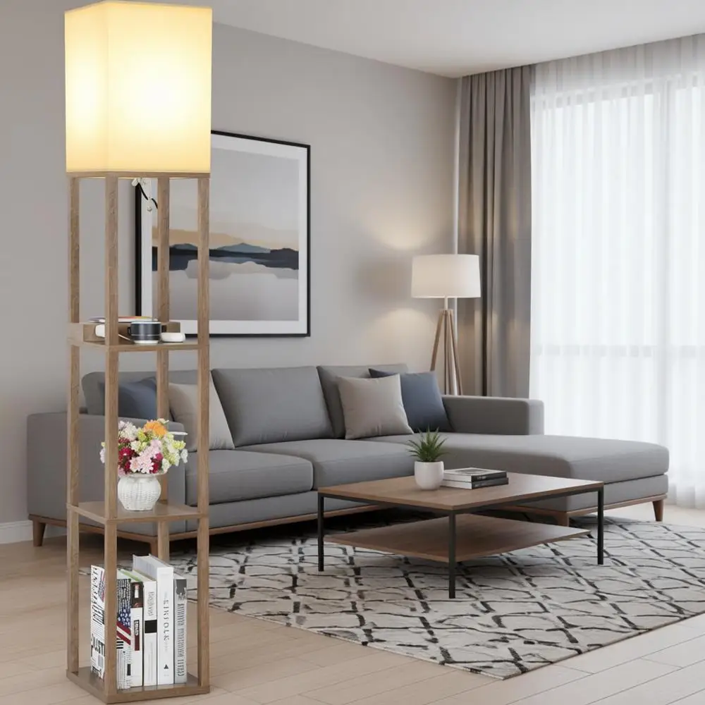 

Ern Shel loor Lamp with Wireless Charging, USB Ports, Type C Port & 2 Power Outlets, 3 Tier Storage for Bedroom (Wood)