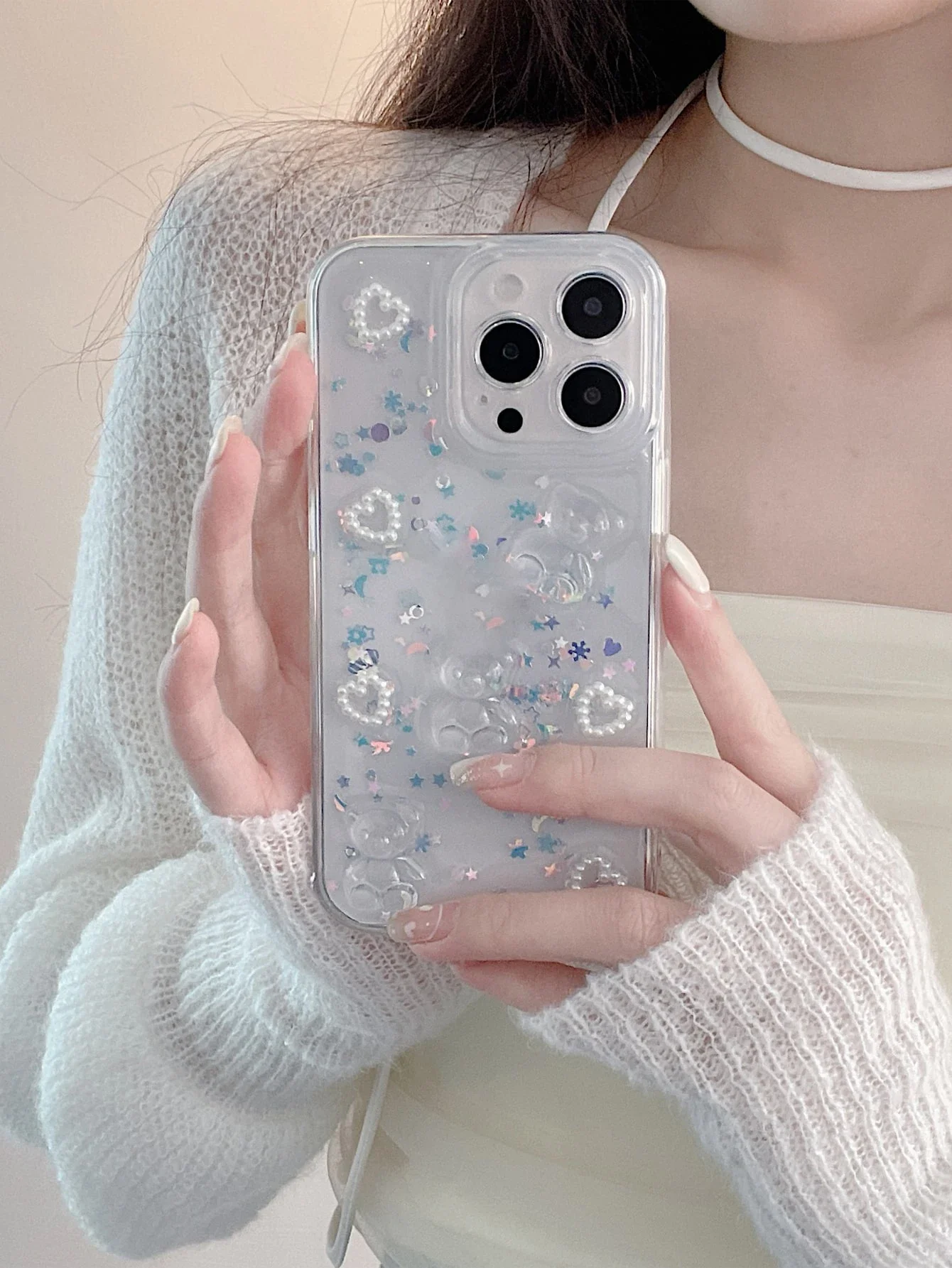 

Transparent Drop Glue Phone Case With Faux Pearl Heart Protection Features Compatible With iPhone15/15Plus/15Pro/15Promax