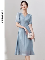 SENTUBILA Women's V Neck Summer Dress 2024 Elegant Fashion Puff Short Sleeve High Waist Midi Dress Woman Clothing 132L49211