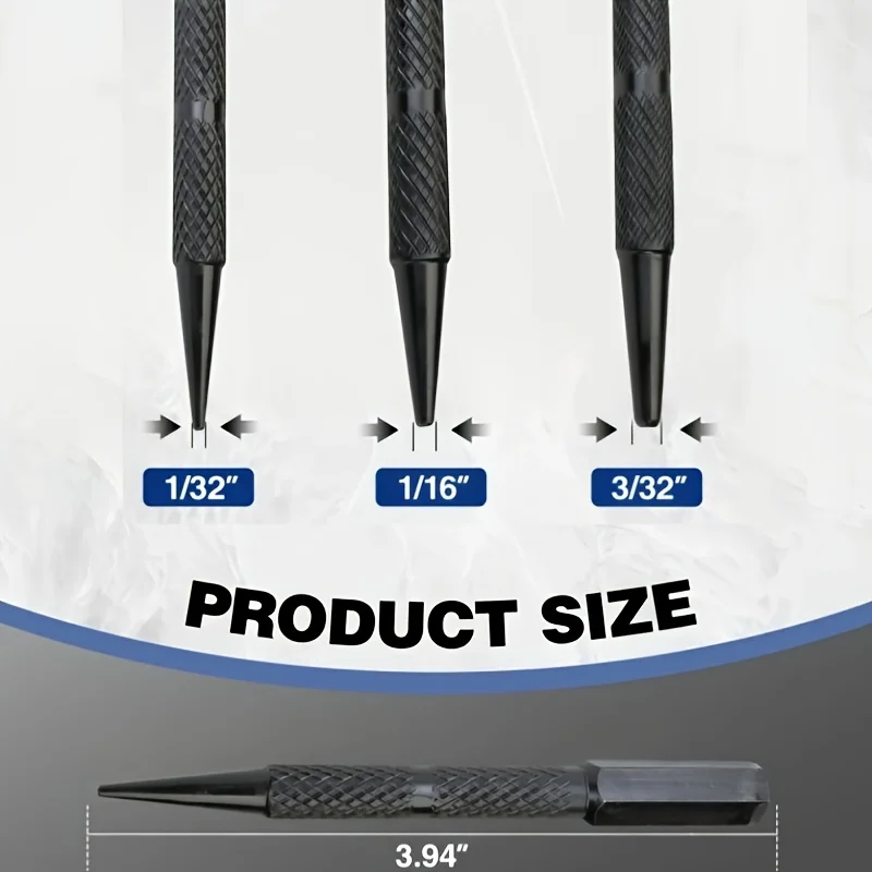 Three-piece nail punch and center punch set, hardened CR-V steel strap with knurled grip.