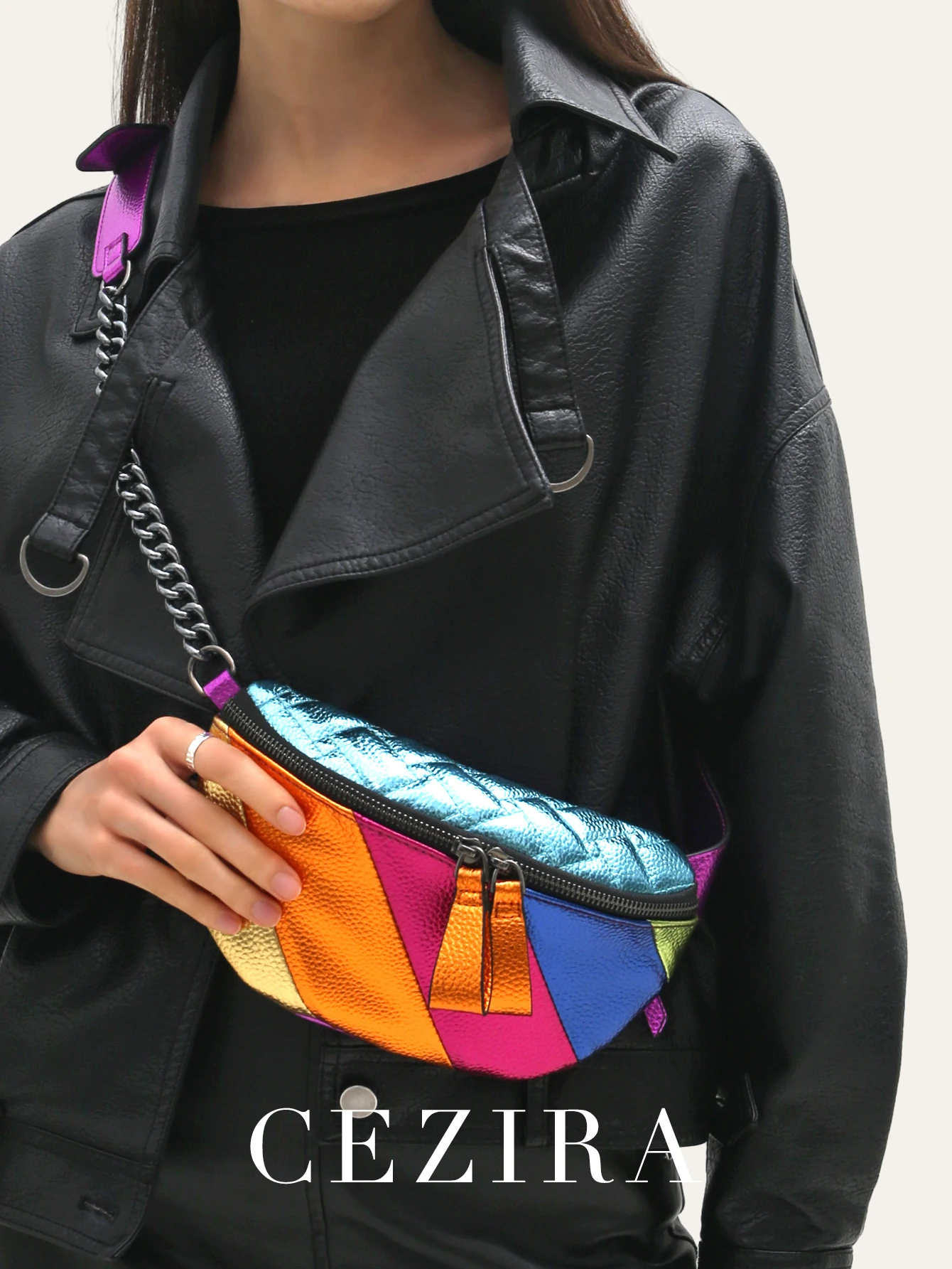 

Women's Rainbow Stripes Patchwork Handbag Metallic PU Leather Fashion Luxury Cross body Chest Bag Y2K Punk Style Shoulder Purse