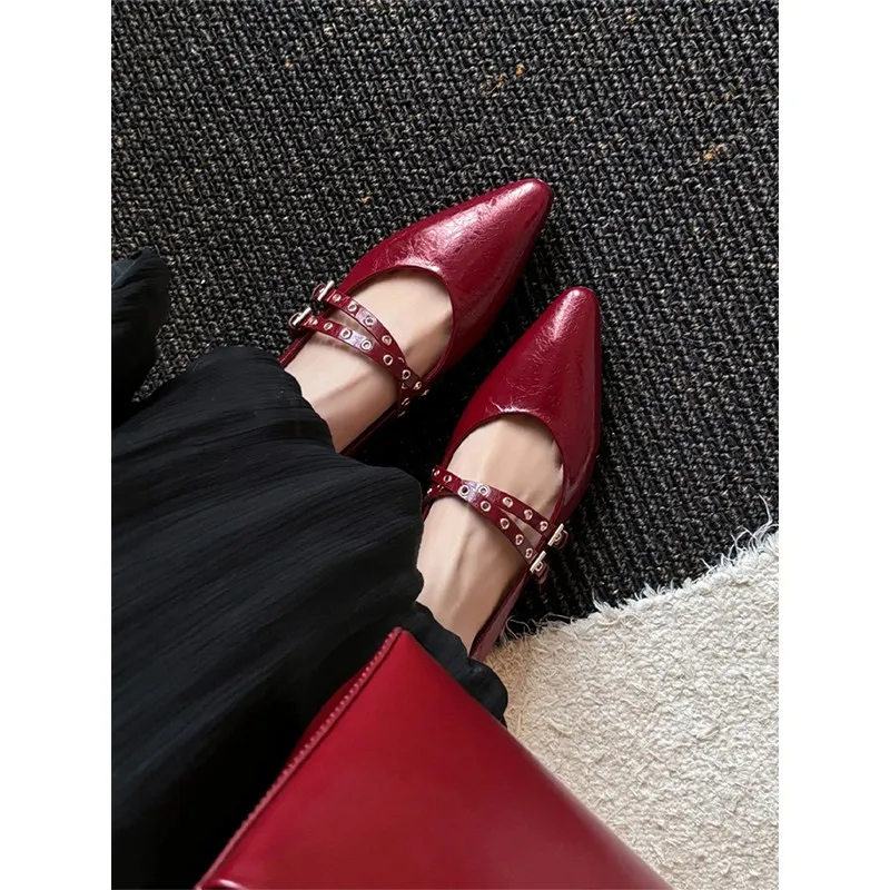 2026 New Spring and Autumn Pointed Toe Wedge Studded Mary Jane Flat Shoes with Soft Soles