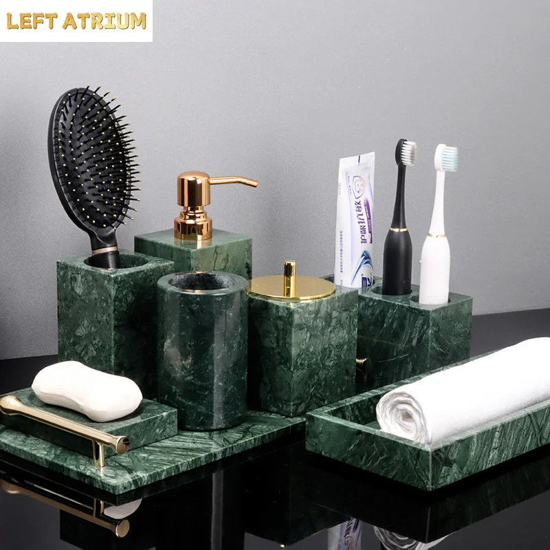Indian Green Natural Marble Bathroom Accessories Retro Soap Dispenser Soap Dish Toothbrush Holder Tissue Box Bathroom Set