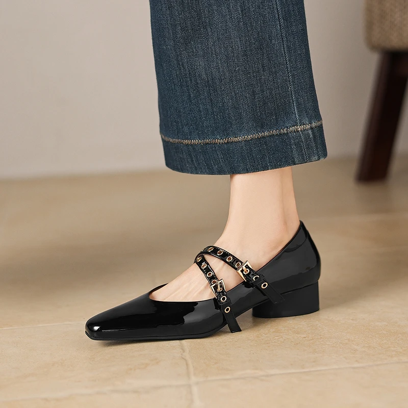 Women's New Spring and Autumn Genuine Leather Sheepskin Metal Belt Buckle Mid Heel Large Mary Jane Shoes Fashion Single Shoes