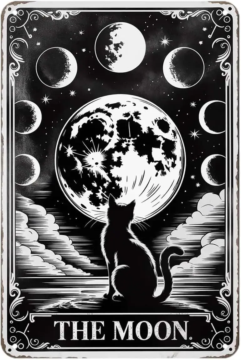 Black Cat Tarot The Moon Tin Sign Mystical Celestial Witchy Wall Art Vintage Metal Signs Wall Decor for Kitchen Bar Cafe Bedroom