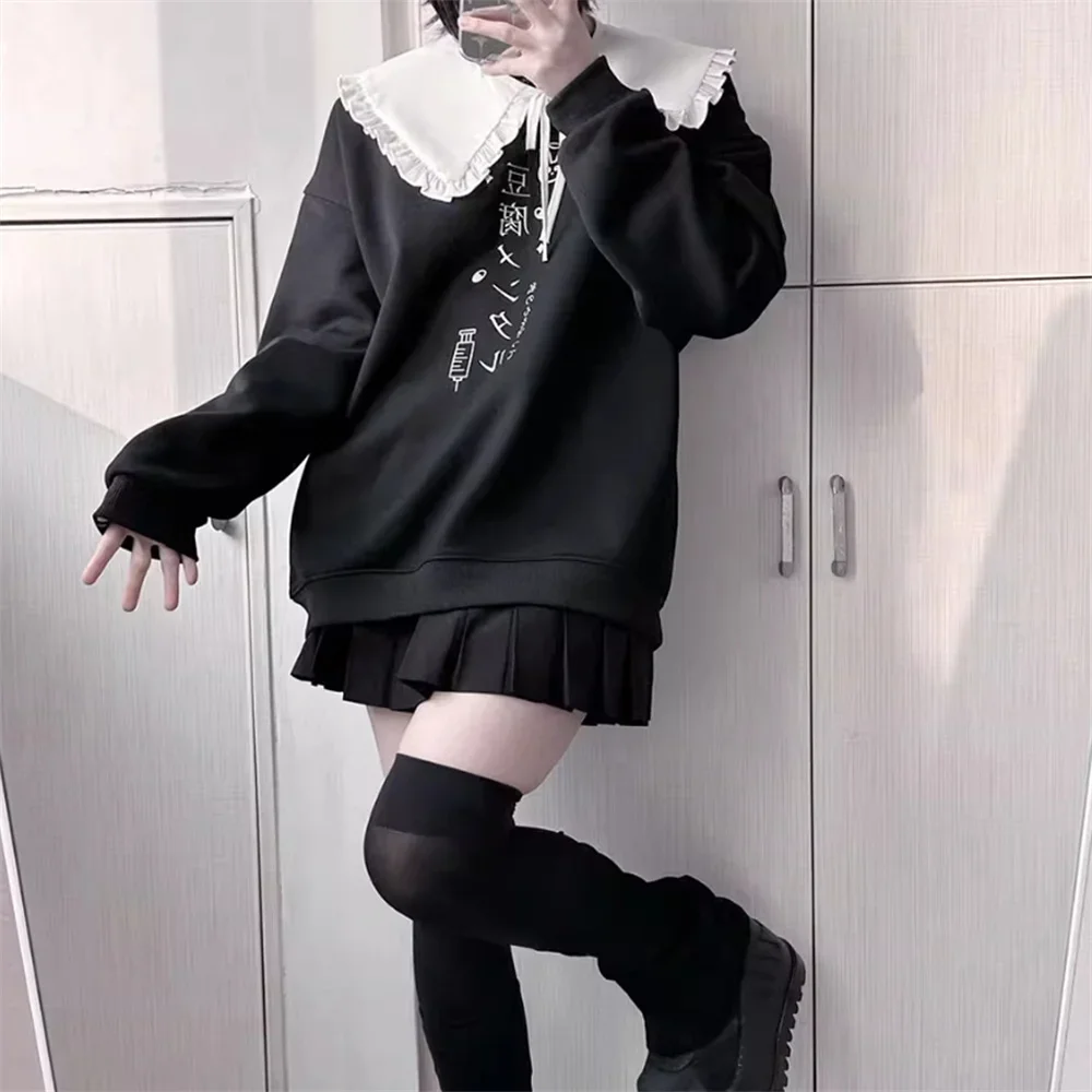 화이트 블랙 Y2k 여성 가을 루즈 캐주얼 피터팬 후드 일본 미네 스타일 서브컬쳐 귀여운 스위트 걸 후디 스웨터셔츠