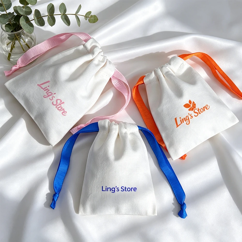 100 Stück Großhandel Personalisierte Logo-Schmuckbeutel aus Baumwolle, Weiße Leinen-Musselin-Beutel für Ringe, Ohrringe, Kosmetik-Organizer – Detail 6