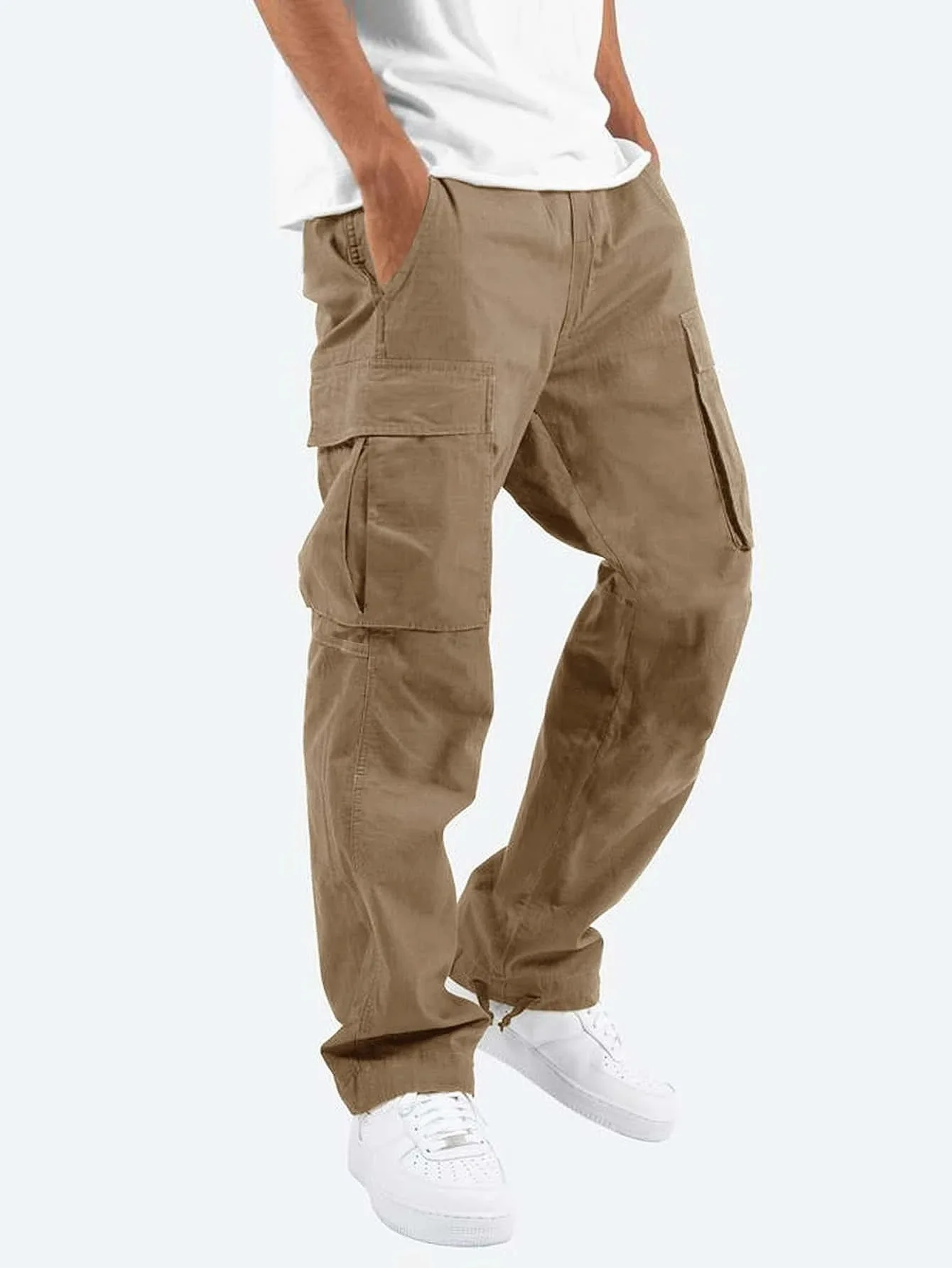 2024 summer new cotton men\'s cargo pants drawstring casual fashion cargo pants men\'s side multi-pocket casual pants