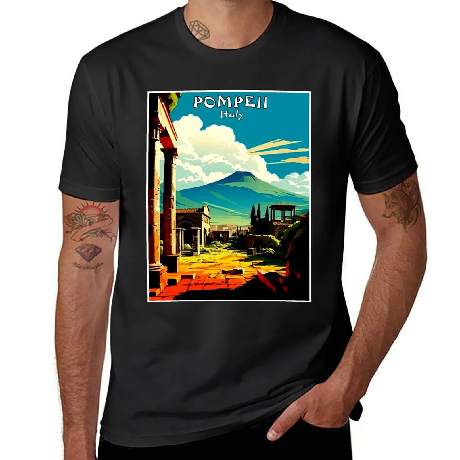 Pompeii Italy :Travel and Tourism Advertising Print T-Shirt Short sleeve tee plain slim fit t shirts for men