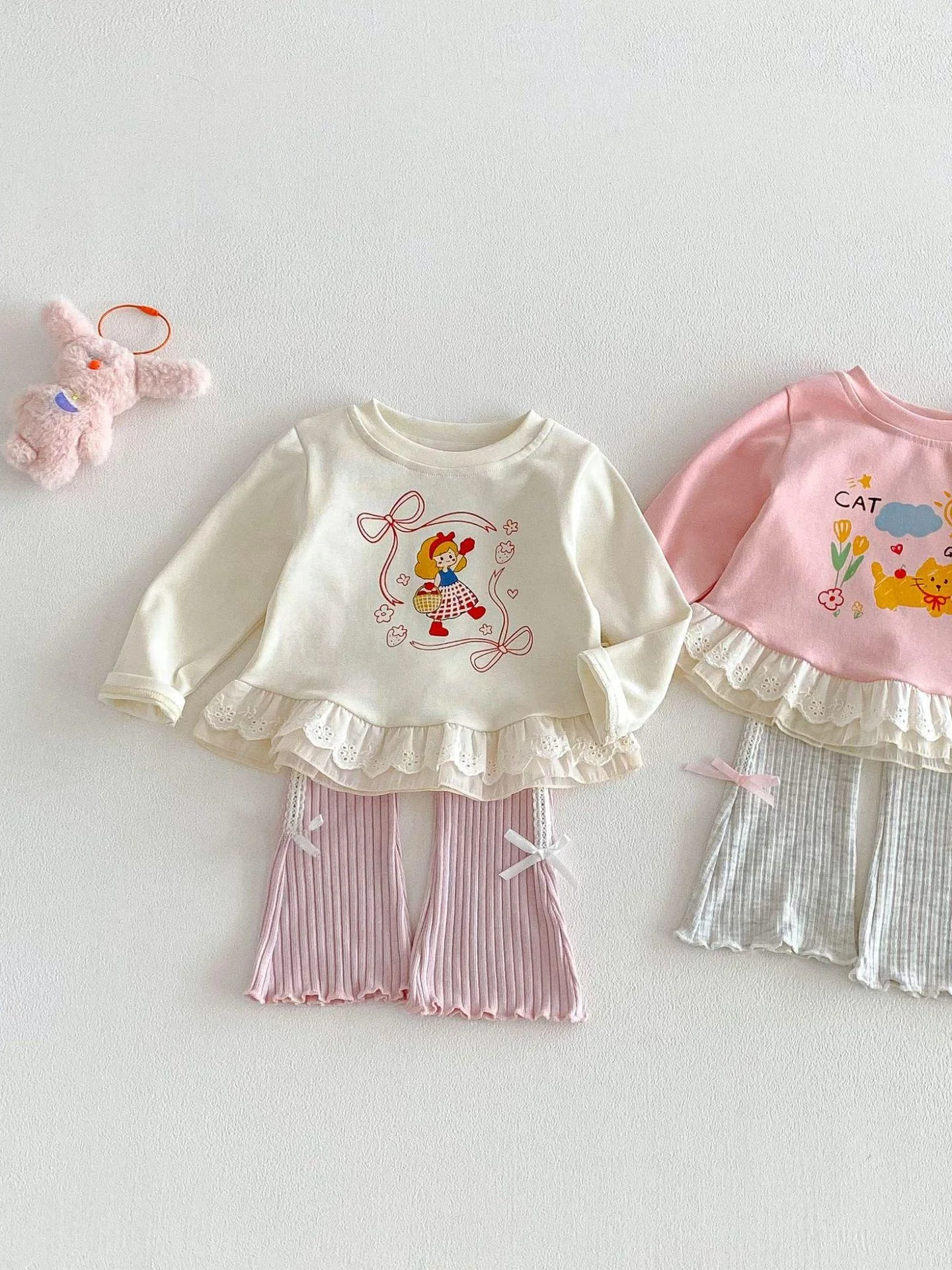 

Girls Comfortable Flared Pants Casual Top Bot Set Spring Faionable Knot Long Sve Cotton Outfit for Kids