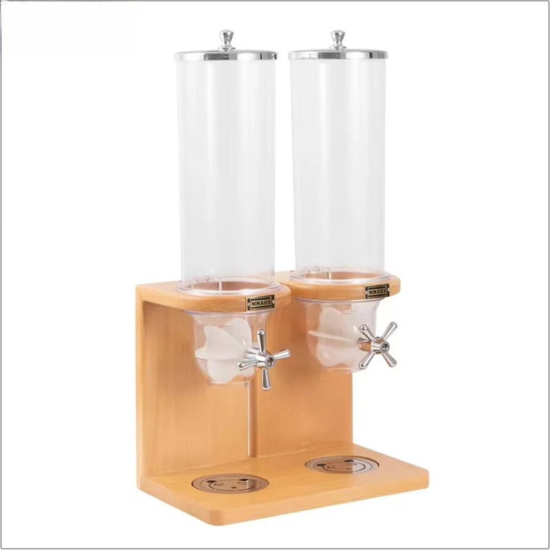 Commercial heavy-duty double-head grain dispenser with wooden top, 8L capacity bulk dry food, buffet, hotel, restauran